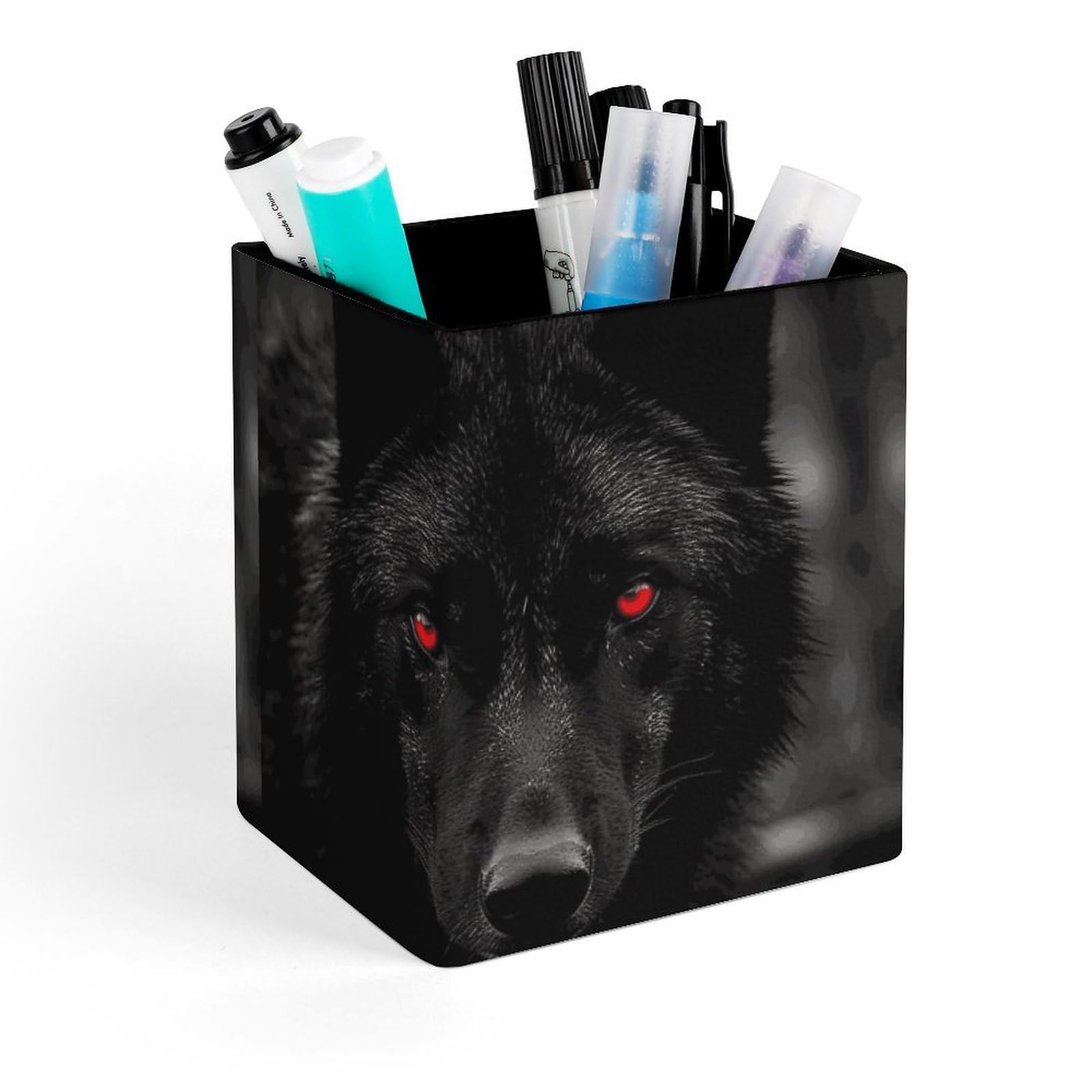 DWVTSLH Aesthetic Pen Holder for Desk - Modern Leather Pencil Holder - Stylish Square Makeup Brush Holder - Black Red Eyed Wolf Pen Cup Cute And Functional Desk Organizer for Office Supplies