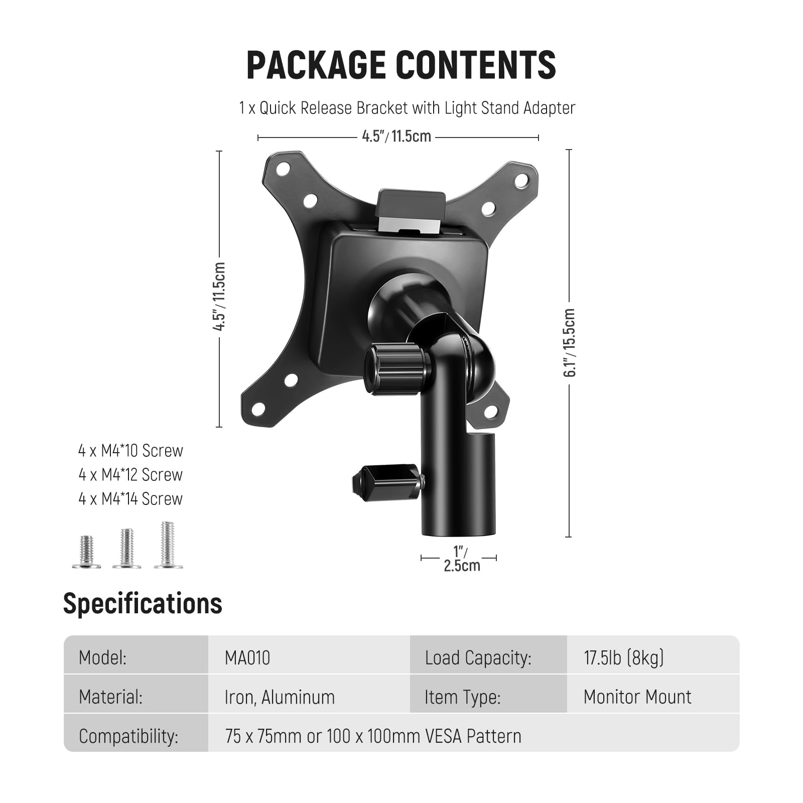 NEEWER MA010 Adapter do montażu na monitorze z szybkozłączką VESA, regulowany 270° metalowy stojak 5/20.3 cm C stojak adapter do ekranu udarowego telewizora zewnętrznego do 43.2-81.3 cm, maksymalne