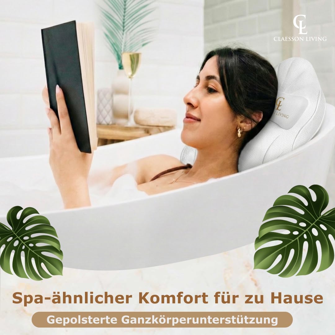 Badewannenkissen Ganzkörper Badekissen (126x41cm) - Badewannenmatte mit Kopfstütze (13cm) unterstützt Nacken, Rücken und Beine - Mit Wasch- und Reisebeutel und einem Hängehaken für Trocknen - Weiß