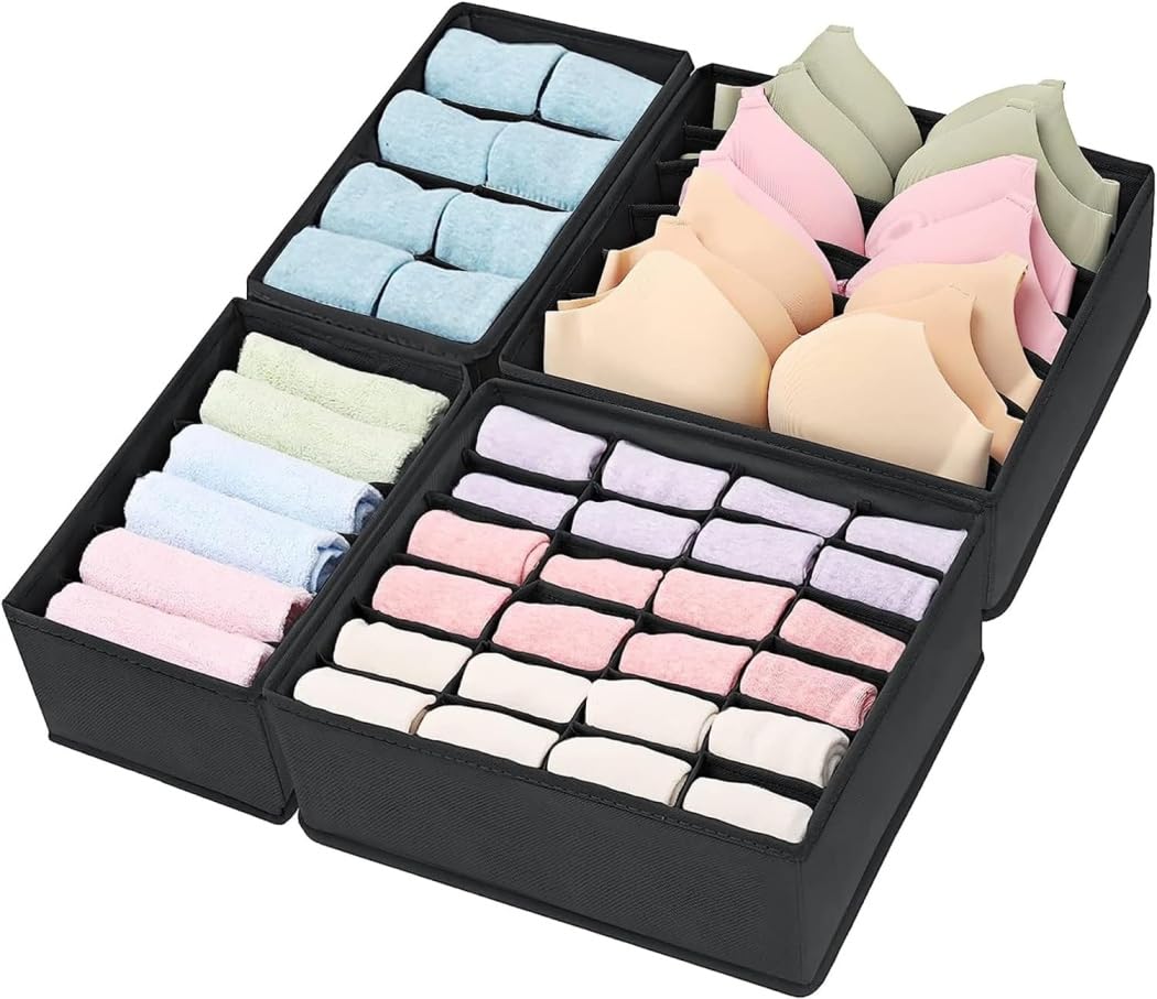 Eranqo Wardrobe Organizer for Clothes - Almirah Organizer for Clothes Foldable Drawer Storage Box for Jeans Bra Innerwear t-shirts Socks Wardrobe Shelf Divider for Baby Clothes (Black) (Set of 4) (B0CZLJ7VHF) Amazon Price History, Amazon Price Tracker
