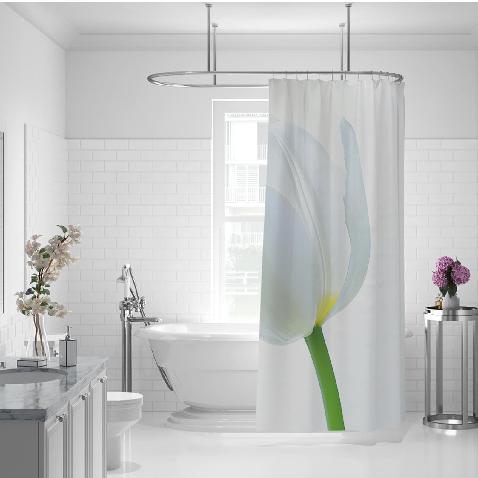 Cortinas de Ducha de Playa de capullos de tulipán Blanco para baño Cortina de Ducha Impermeable Floral Moderna con Ganchos Tela Lavable a máquina para Hotel 180Bx275Lcm