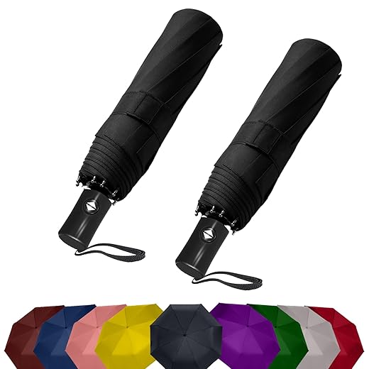 SIEPASA Two Packs Auto Open & Close Small Travel Umbrella Compact for Backpack-Umbrellas for Rain, Windproof Lightweight Strong Mini Portable Umbrellas for Men and Women.(Black, 2 Pack)