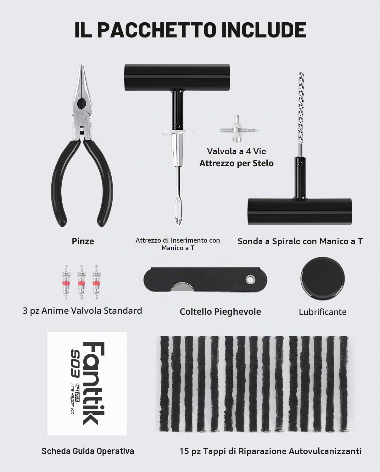 Fanttik Kit di riparazione per pneumatici, kit di 24 tappi per pneumatici resistenti, per riparare forature e patch, strumenti universali per riparazione pneumatici di auto, auto, moto, camion, ARB