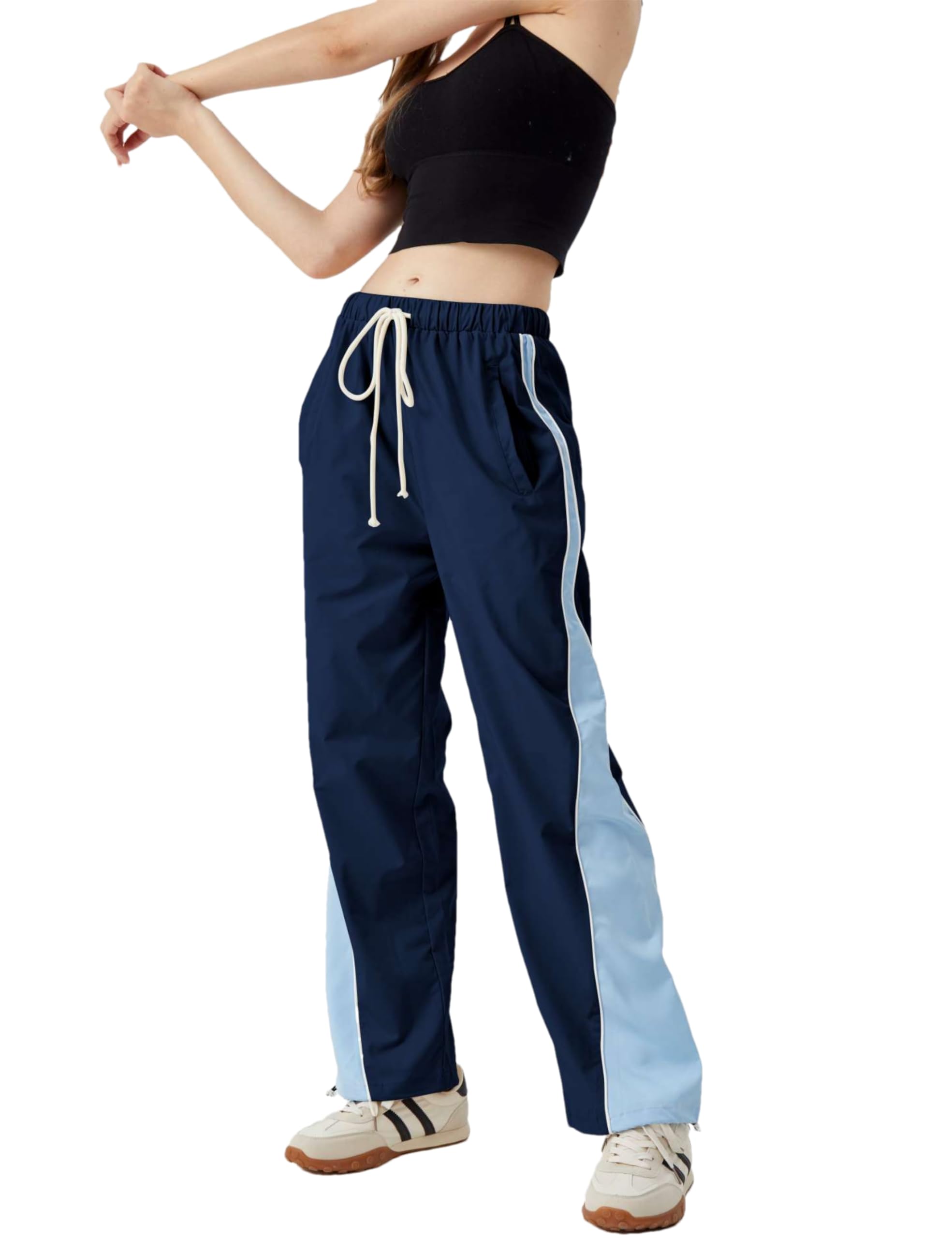 Womens Parachute Pants Color Block Wide Leg Baggy Trousers Y2K Elastic Waist Jogger Sweatpants Track Pants