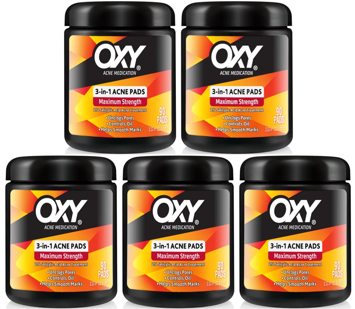 OXY Maximum Action 3-In-1 Treatment Pads 90 ea (Pack of 5)