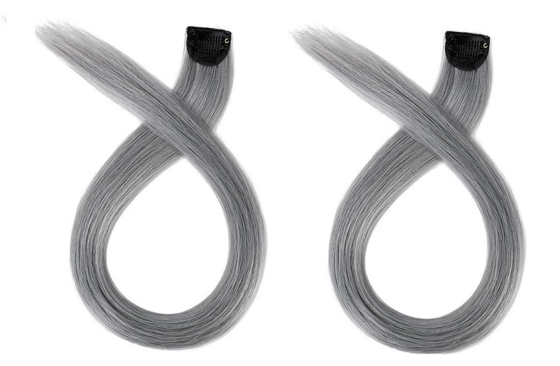 EKAN Reusable Single Clip in Colored Hair Streaks for Girls and Women Set of 2Pcs Pack of 1 (Light Grey, Synthetic Hair Streaks)-image-41