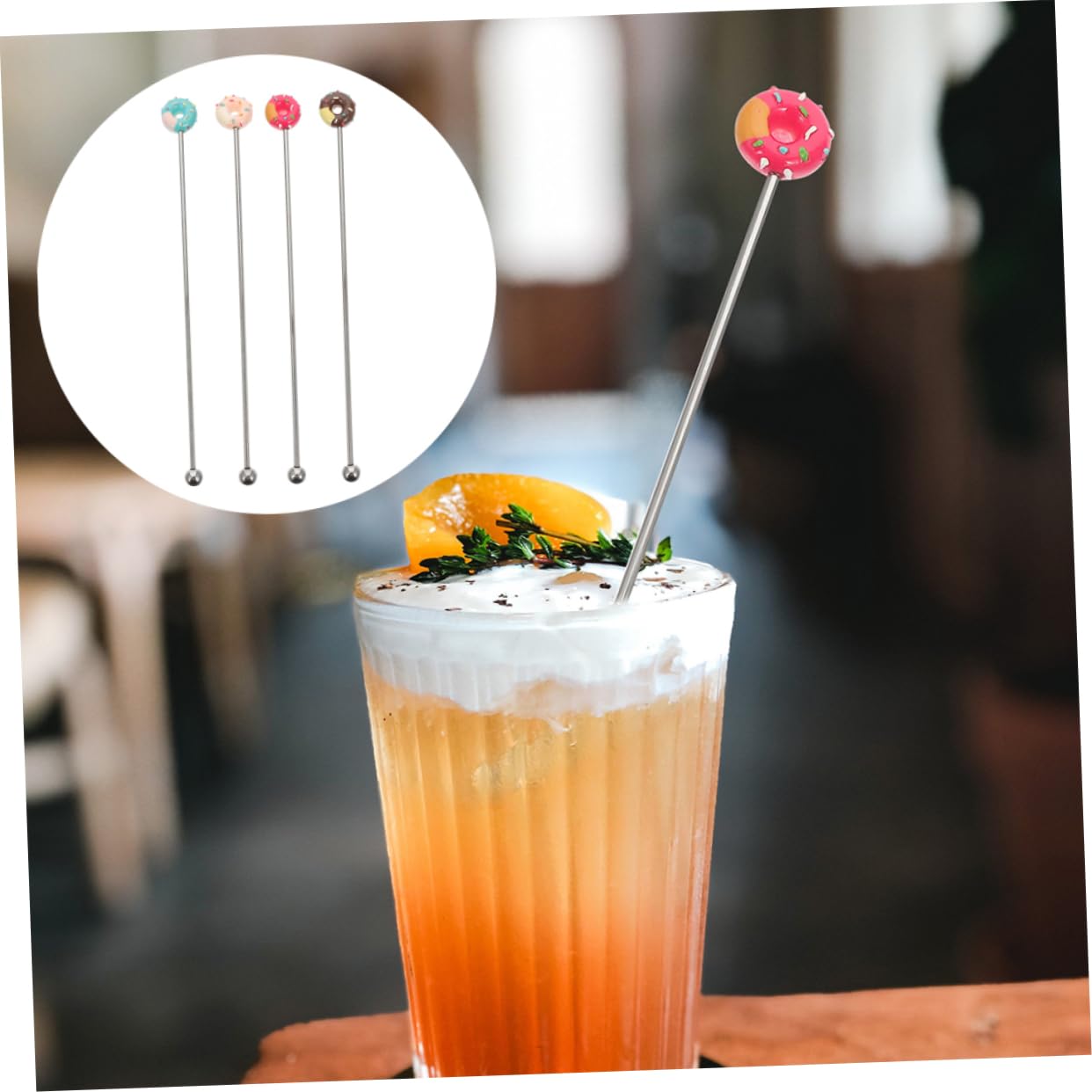 Cabilock 6Pcs Stainless Steel Drink Stir Sticks with Donut Design Reusable Beverage Stirrers for Cocktails Juices and Milk Tea Random Styles for Any Occasion