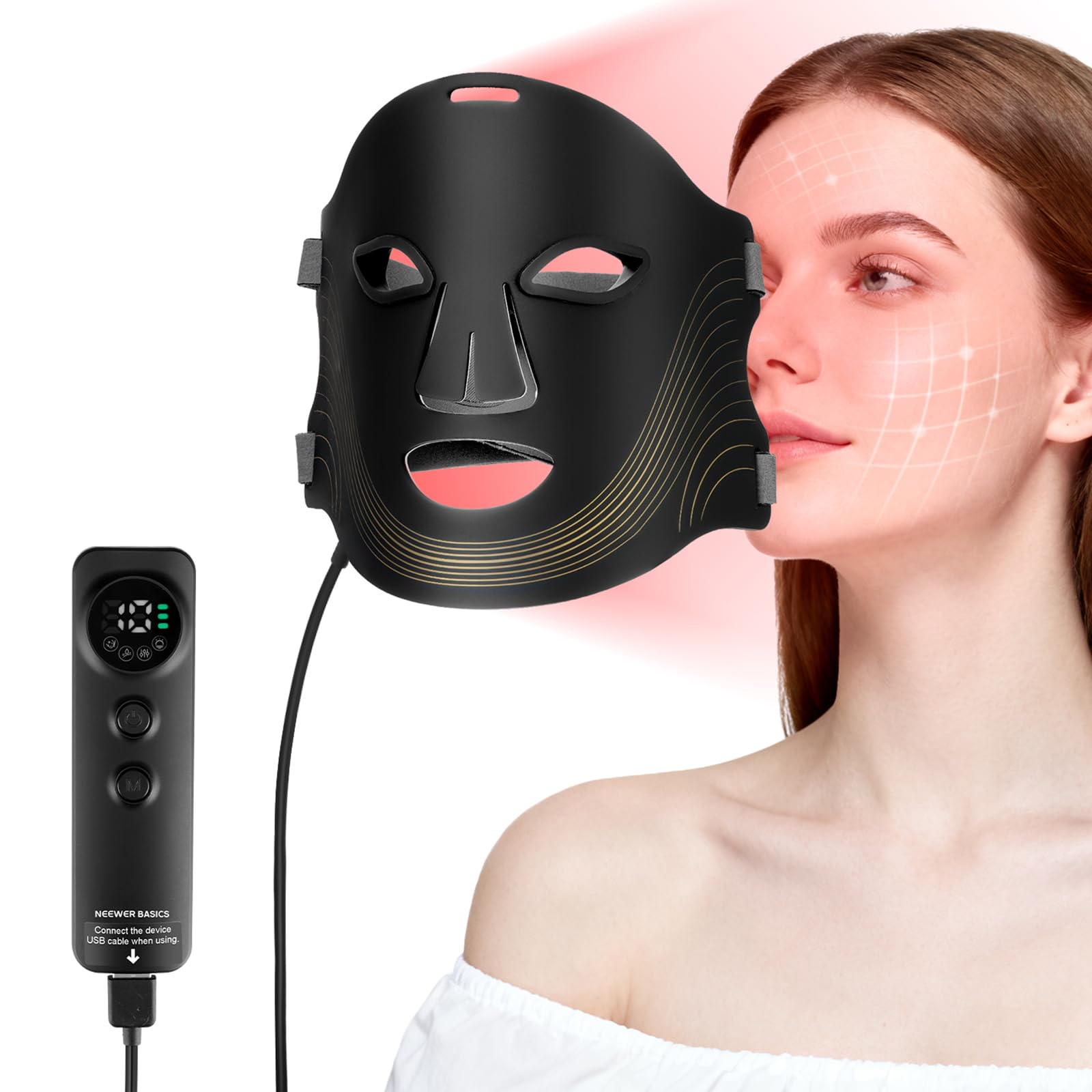 NEEWER BASICS LED Face Mask Light with 7 Modes, Timer, Red & Blue LED Light Panel, Skin Care Silicone 2000mAh Rechargeable Beauty Mask for Facial Skincare at Home Travel, M08