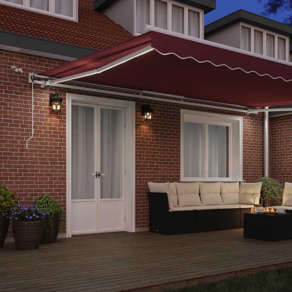 Automatyczna markiza przegubowa z diodami LED w kolorze czerwonego wina, 500 x 300 cm, ochrona przed słońcem, balkon, taras, do ogrodu, wodoszczelna, odporna na warunki atmosferyczne, roleta