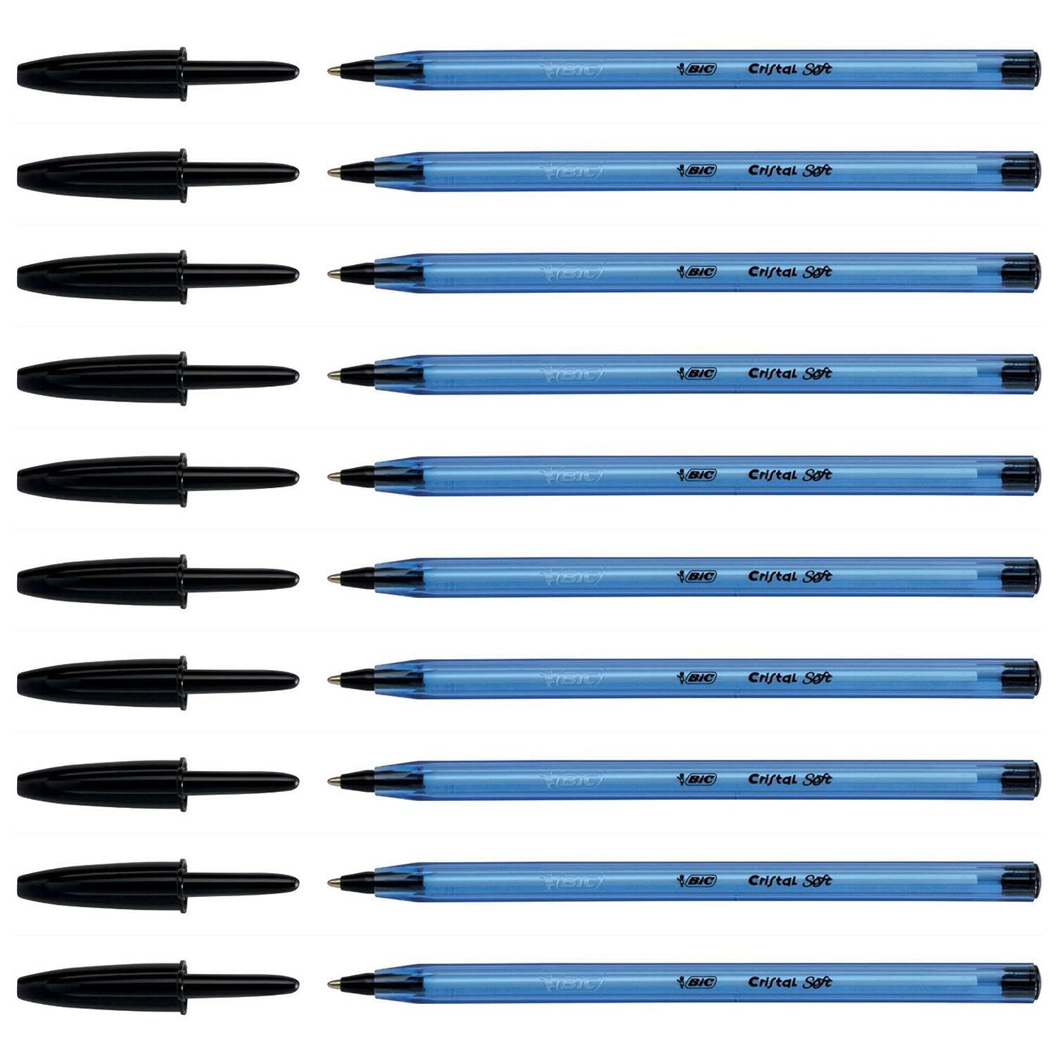 BIC – Juego de 10 bolígrafos Cristal Soft, punta media de 1,2 mm, tinta EasyGlide color negro