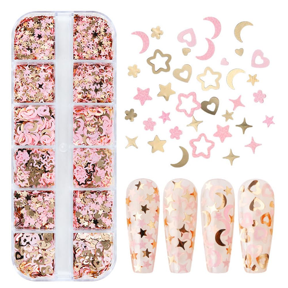 KACHIMOO Nail Glitter Sequins,12 Grids Gold Pink Nail Glitter Flakes 3D Cherry Blossoms Moon Star Nail Sequin Flakes Heart Nail Charm Nail Accessories for Nail Art Decoration