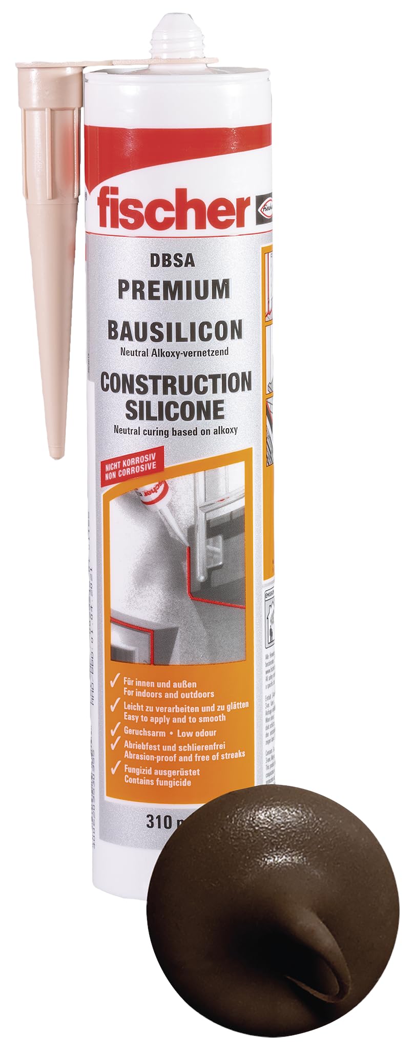 fischer Bausilicon DBSA, silicona de primera calidad, inodora, resistente a la intemperie, para interiores y exteriores, cartucho para numerosas aplicaciones y materiales de construcción, 310 ml, color marrón