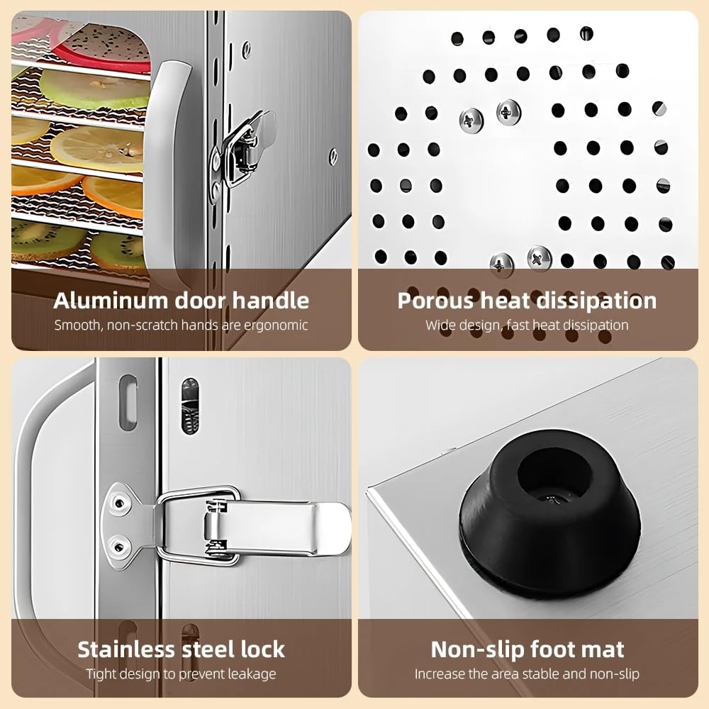 Deshidratador de Alimentos,Secador de Alimentos Eléctrico 800W 12 Bandejas Acero Inoxidable Circulación Aire Caliente 360° Temp y Tiempo Ajustables para Carne Seca, Frutas (Plateado 800W)