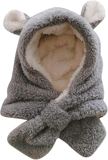 Amazon Efofei キッズ ベビー 帽子 二層フリース 暖かい かわいいクマ耳 子供ニット帽子 スヌード 耳当て 顔ケア 防寒帽子 多機能 キッズ 帽子 冬 グレー マフラー 通販