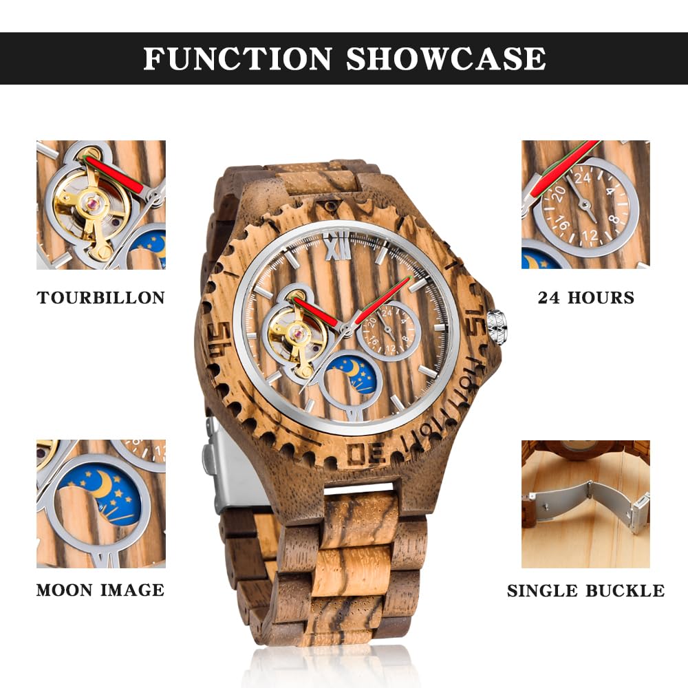 Tiong Orologio da uomo in legno, meccanico, scheletro, movimento automatico, Mwd-03moon, Retrò | Orologio da uomo retrò leggero con scatola regalo in legno, classico orologio in legno come regalo per uomini