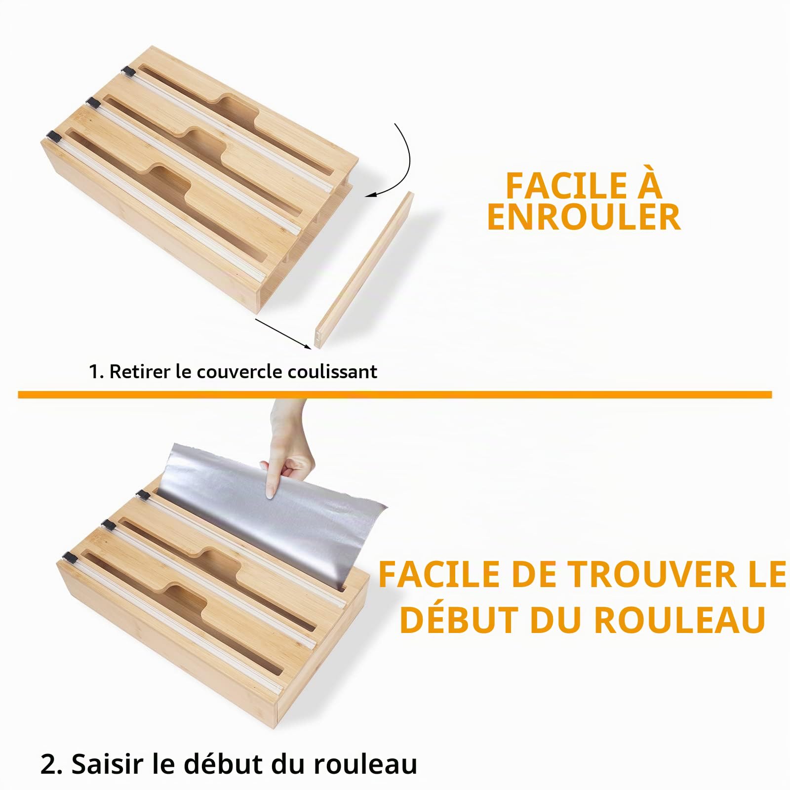 Distributeur Papier Aluminium et Film Coupe-Capsule pour Tiroir de Cuisine, Compatible avec Rouleaux de 12", Organisateur d'emballage de Cuisine en Bambou, Durable et Respectueux de l'environnement