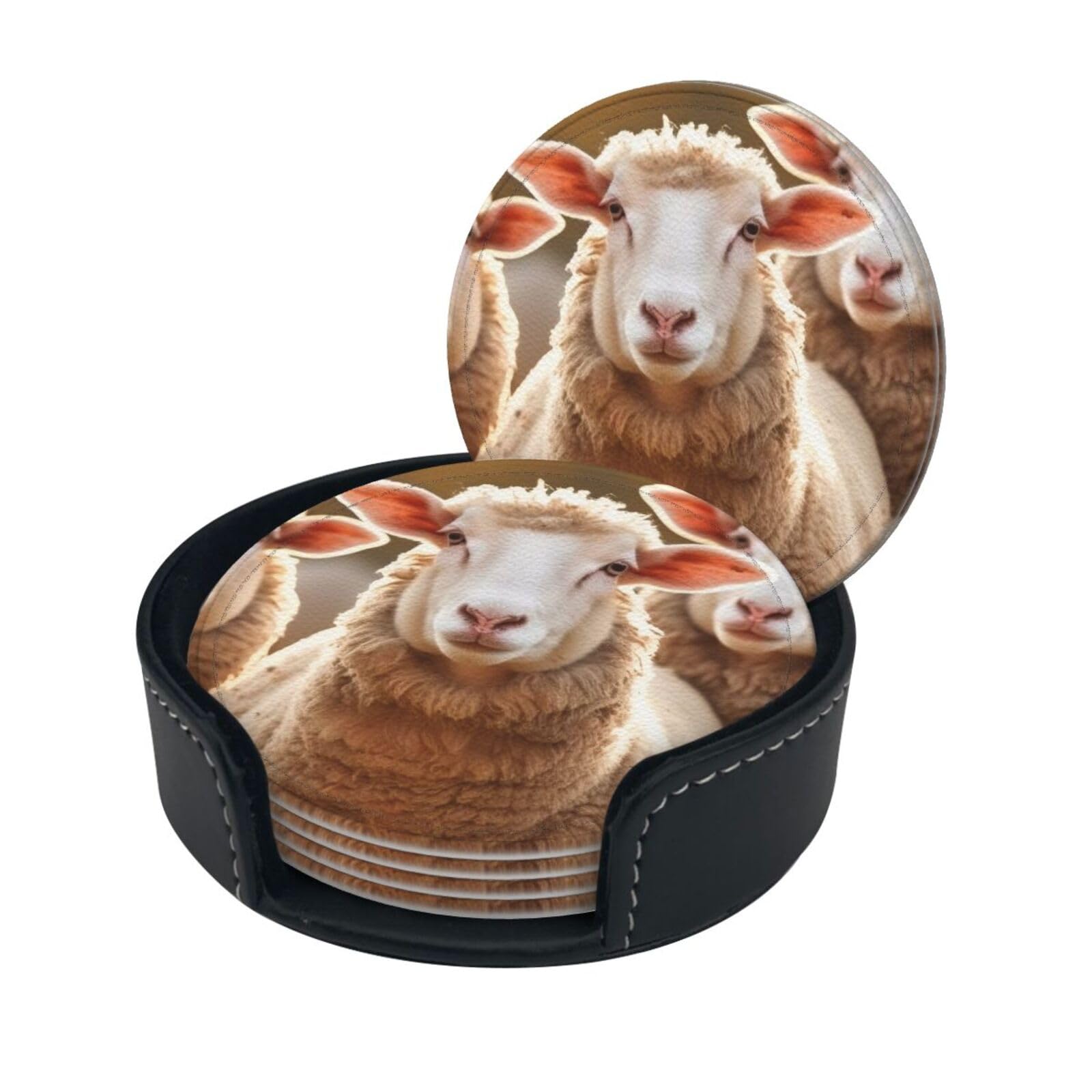 Stylish Coasters - Sheep and Lambs Set of 6 Round Leather Drink Coasters with Holder - Perfect Size for Cups and Glasses