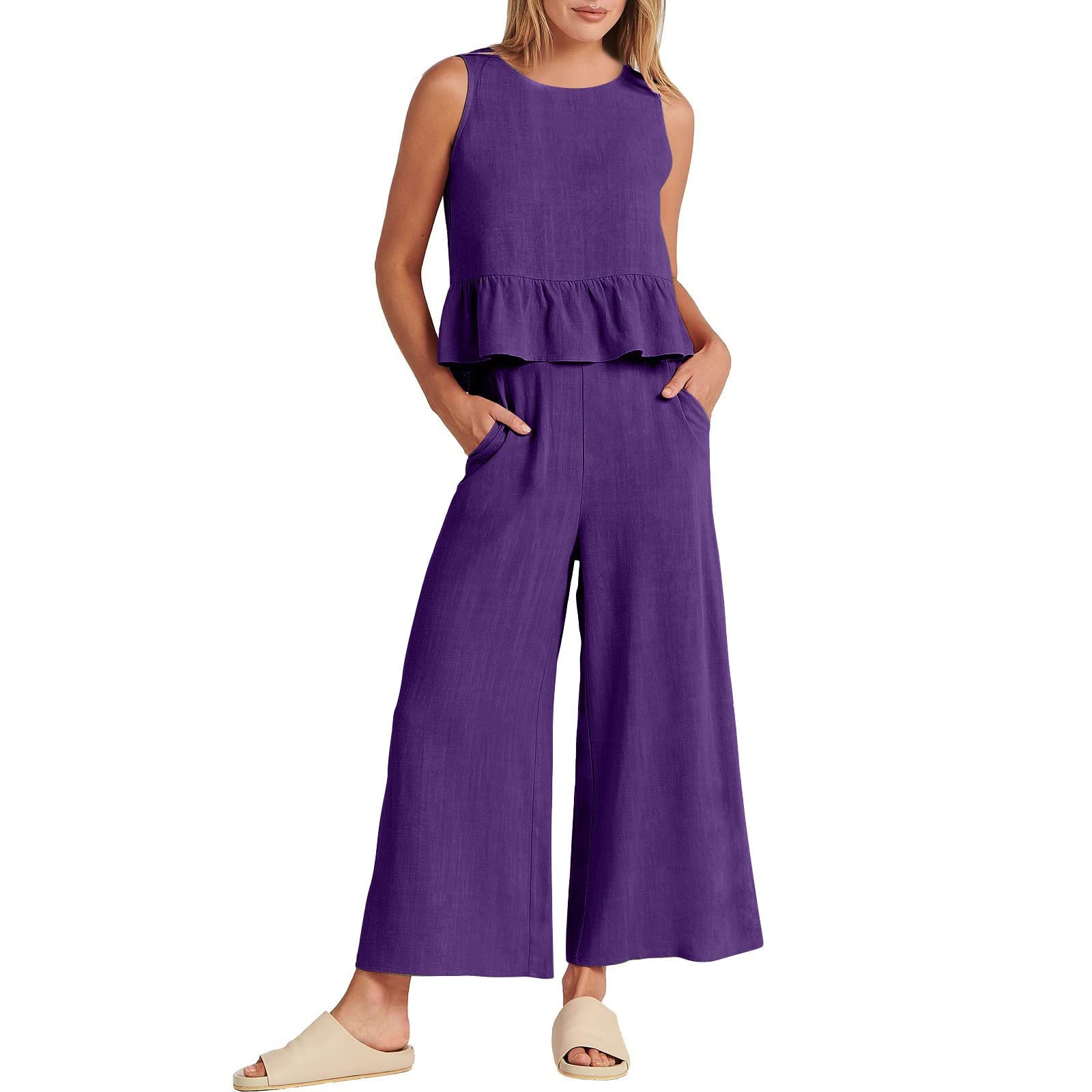 Generic Traje de verano de 2 piezas para mujer, sin mangas, con volantes, camiseta y pantalones de pierna ancha, conjunto con bolsillos, chándal de deporte