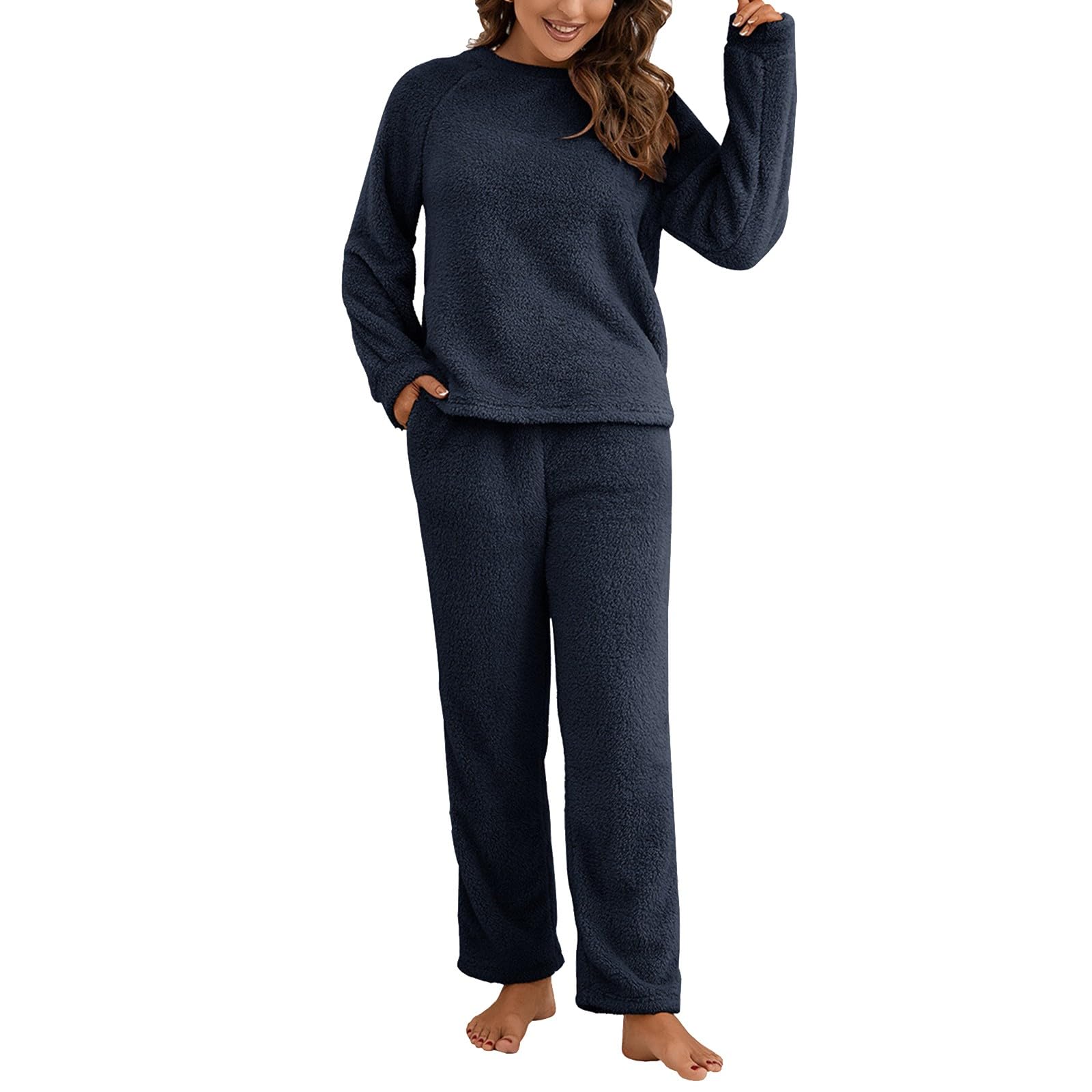 Pyjama Femme Polaire Hiver Chaud - Ensemble 2 Pièces Sherpa Doux, Grande Taille, Col Rond Ou Montant, Confort Ultime