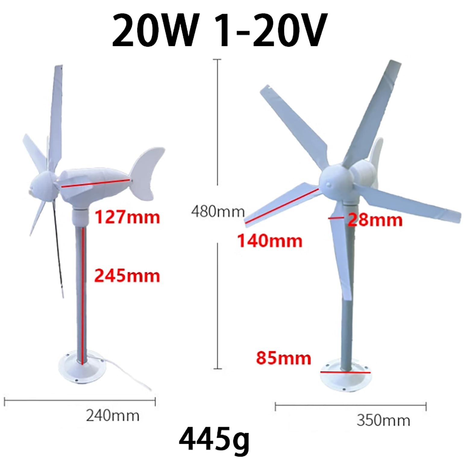 20W Modelos De Aerogeneradores 1-20V Turbina Eólica De Cinco Palas con Luz LED, Generadores Síncronos Trifásicos De Imanes Permanentes para Experimentos, Decoración, Enseñanza,Blanca,20W