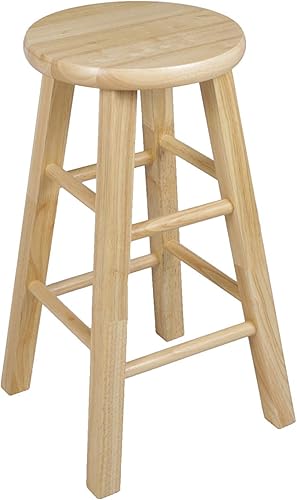 PJ Wood Taburete de cocina redondo clásico de 24 pulgadas de alto con diseño sin espalda y 4 patas cuadradas, marrón natural (paquete de 2)