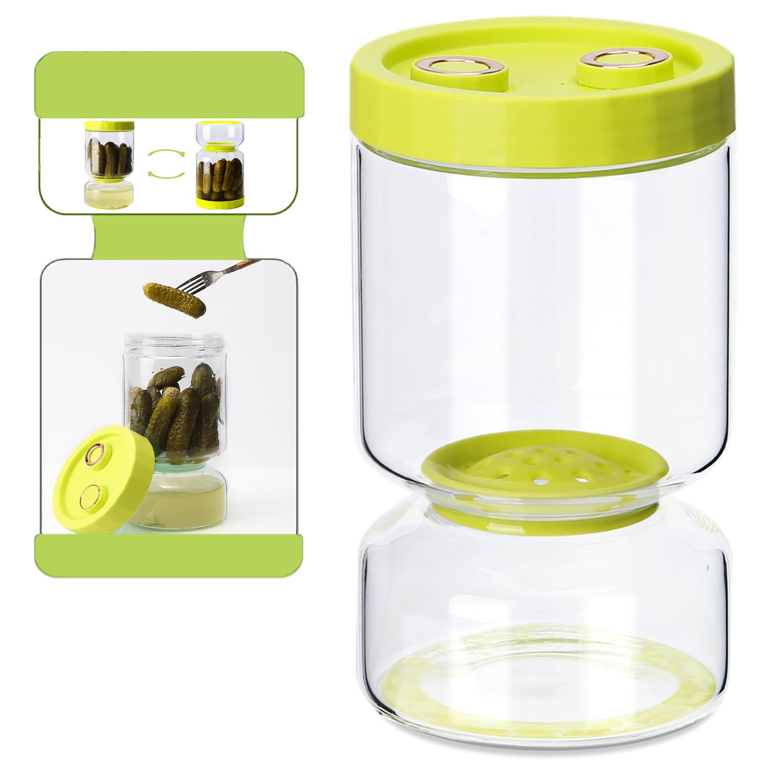 Pickle Jar with Strainer Flip, 51oz Glass Pickle Container with Strainer Upside Down, Anti-Slip Large Hourglass Pickle Storage Flip Jar With LeakProof Lid for Olives, Gherkins or Sliced Pickles