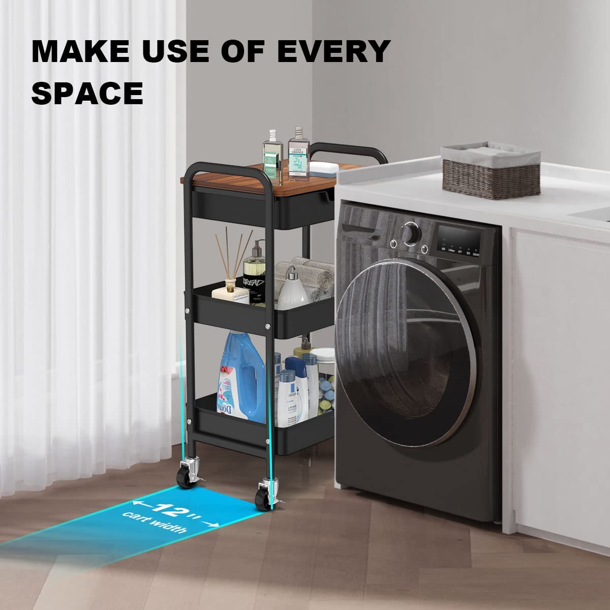 Carrito Auxiliar de 3 Niveles con Ruedas y Cajones Estetica Ahorro de EspacioCarro Organizador para Cocina Baño Dormitorio Oficina (Negro)