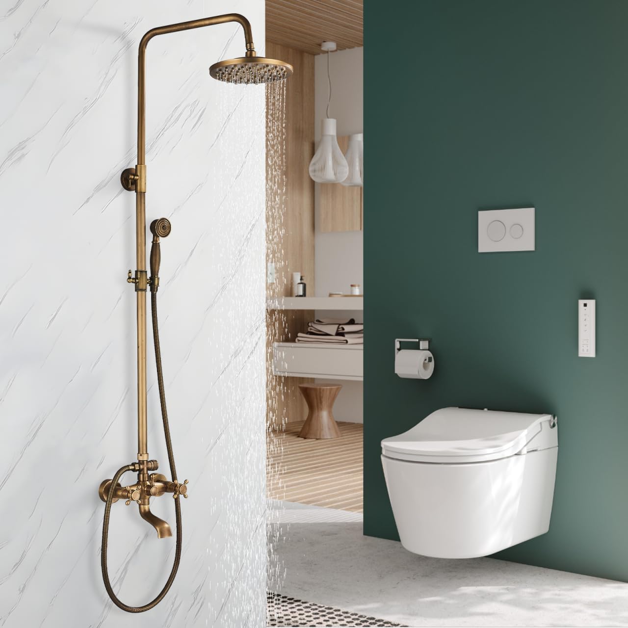 Suguword Shower System with Rainfall Shower Head, Handheld Spray 2 Cross Handles Wall Mounted Outdoor, High Pressure Shower Faucet Set Fixtures with 8 Inch Rainfall Shower Head,Solid Antique Brass