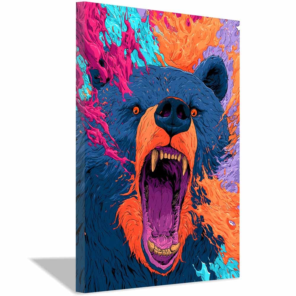 PUQAAEO Wall Art Painting Grizzly Bear Prints On Canvas Neon Art Roaring Bear Animal Pictures Wall Art for Home Cabin Decoration Rustic Farmhouse Decor(Multicolor)-60x90cm Framed