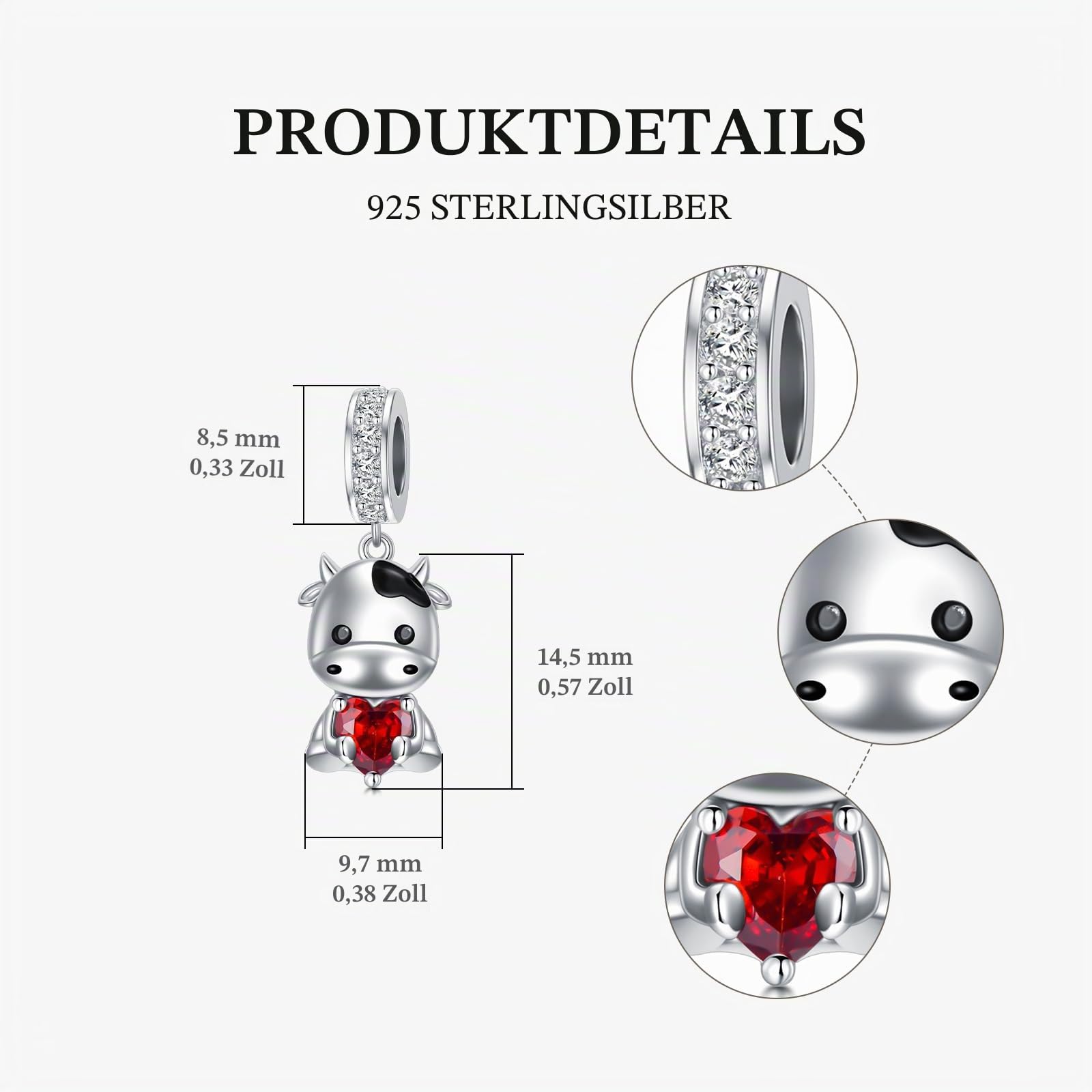 ROMANTICWORK Kuh Charm aus 925er Sterlingsilber, Geburtsstein für 1–12 Monate, Kuh Charm für Kuh Armbänder, Kuh Perle, Kuh Schmuck für Frauen, Kuh Liebhaber