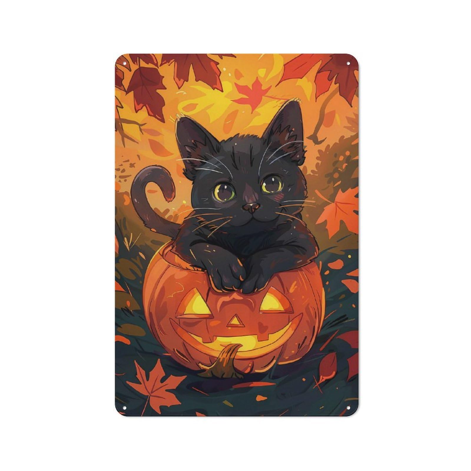Junmoney Halloween Cat Pumpkin Printed Metal Sign 30X20cm For Café Or Restaurant, For Hospitality Interior Collectors