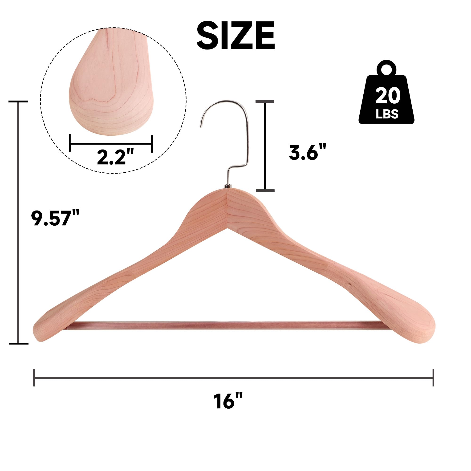 Kleiderbügel aus Holz mit rutschfester Hosenstange, 40,6 cm, 2 Stück, extra breite Schulterbügel, Flachkopfhaken für Anzüge, Mäntel, Jacken, Hemden, Hosen und schwere Kleidung (Zedernholz)