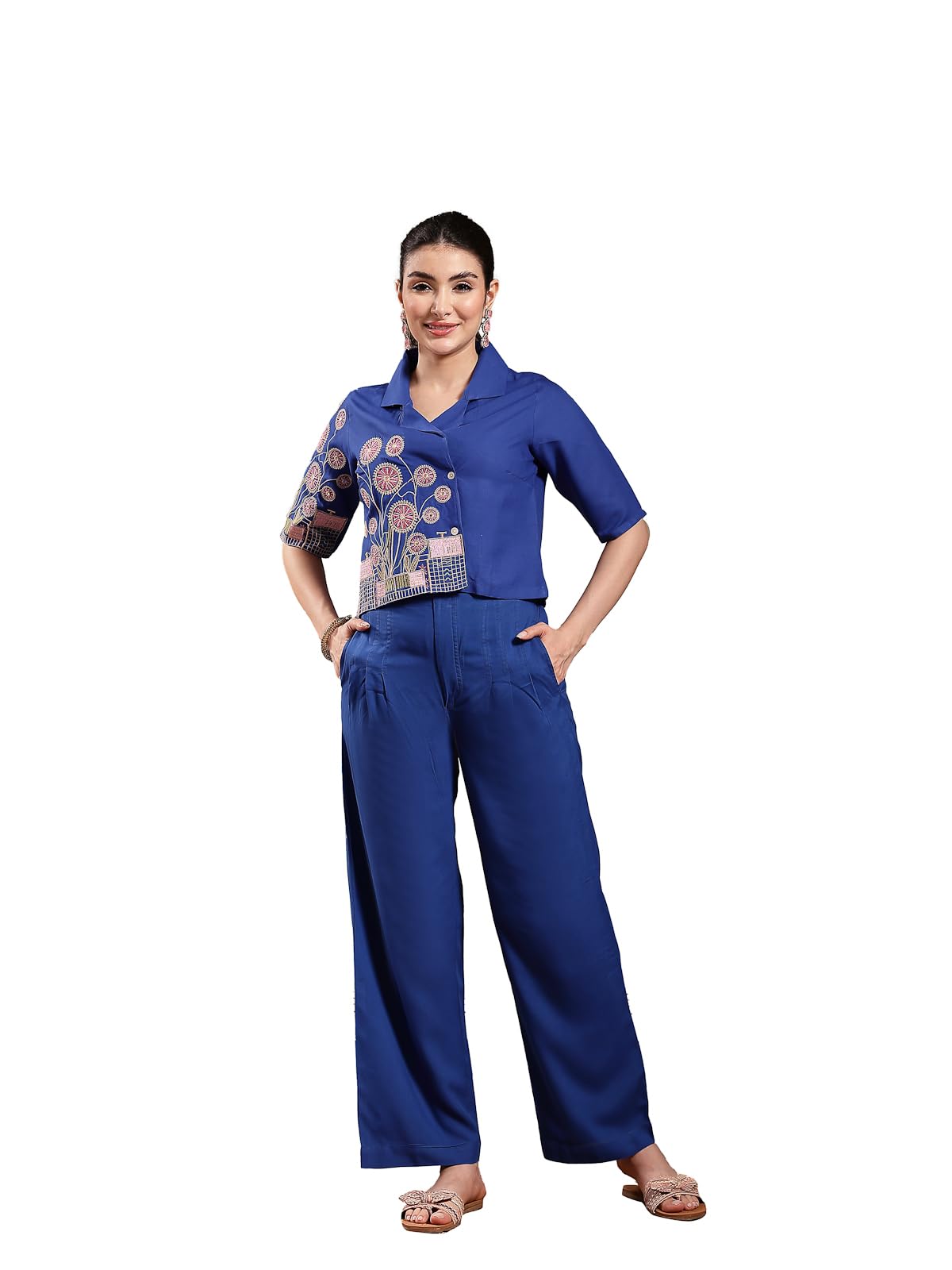stylum Women's Blue Solid & Embroidered Rayon Shirt Pant Set-picture-19