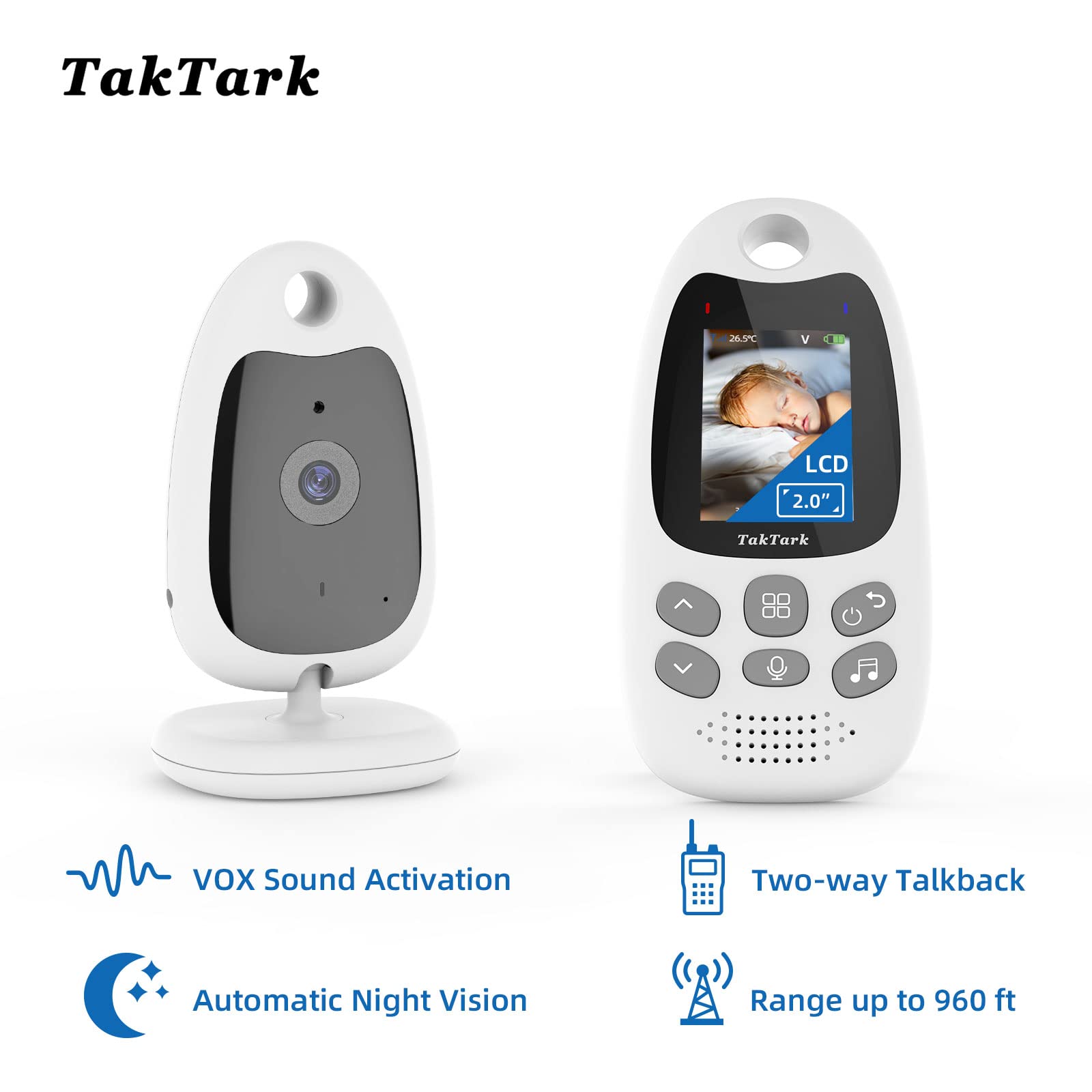 TakTark Babyphone mit Kamera, Babyfon mit Kamera 2'' Video Baby Monitor, Kamera und Audio Babyphone mit VOX Funktion, Gegensprechfunktion, Nachtsicht, Temperaturüberwachung