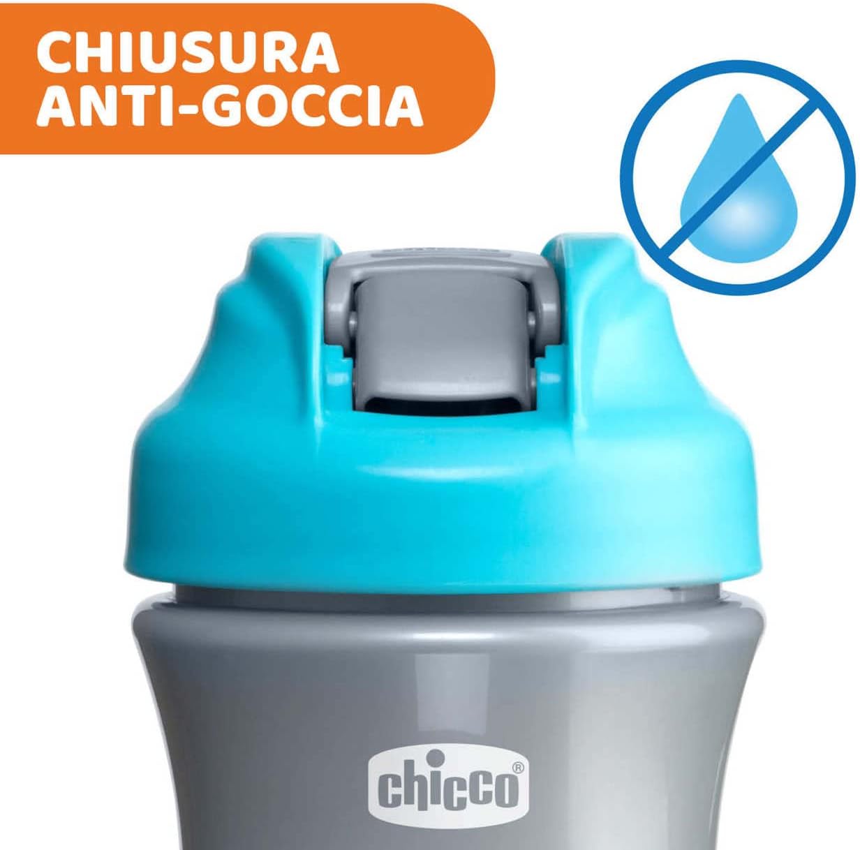 Chicco Pop Up Cup, Leakproof Glass for Kids, Convenient Opening, Silicone Spout, Airtight Seal, Easy to Carry, Glass for Kids 2 Years, Capacity 350ml, Light Blue