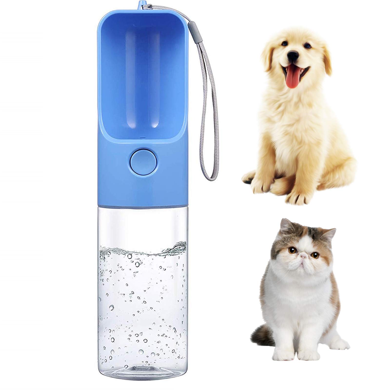 PJDDP Portable Dog Water Bottle 450Ml,Pet Travel Water Drinking Bowl Bottles Cup, Food Grade ABS Leak Proof Water Dispenser for Walking, Easy To Carry Doggy Bottles,Blue