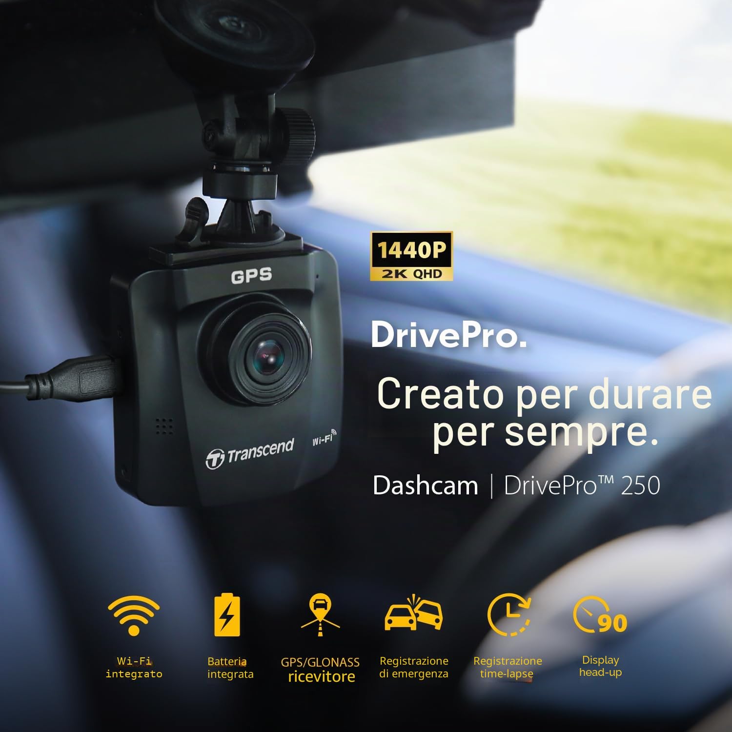 Transcend Dashcam DrivePro 250 con GPS da 64 GB, angolo di visione massimo - TS-DP250A-64G