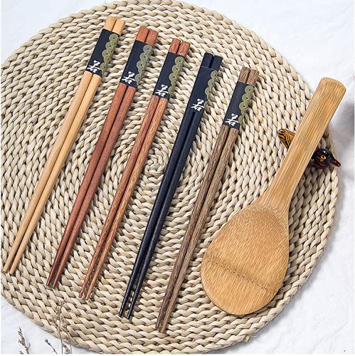 Wooden Sushi Chopsticks Kit Including 5 Chopsticks With 1 Rice Paddle, Asian Japaness Minimalist Style, Reusable Gift Kit No lacquer, No Wax, Temperature Resistance, Dish Washer Safe