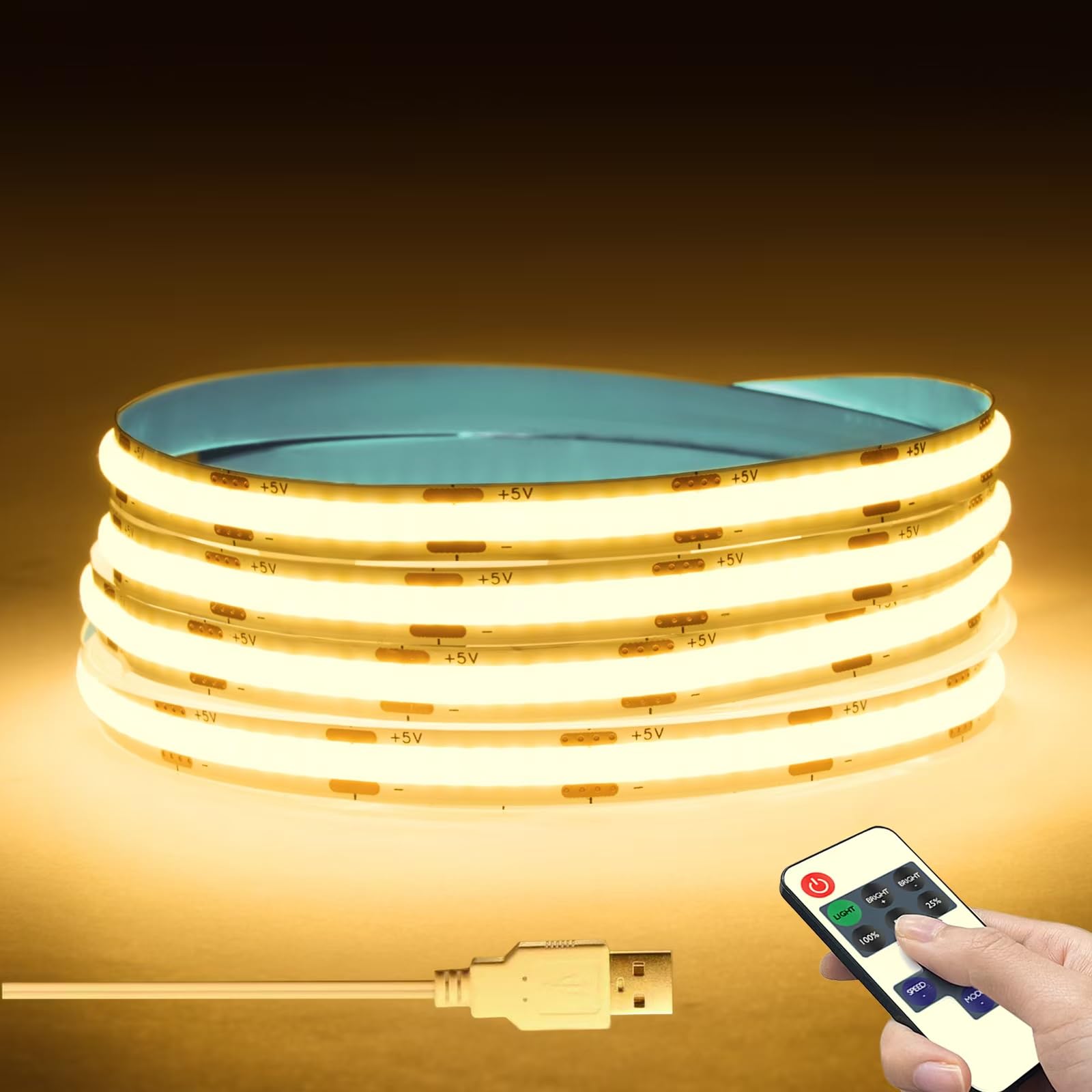 LRGBST 3M WarmWhite COB LED Strip, DC5V USB Dimmable COB LED Strip Light with Remote Control Dimmer for Indoor Kitchen Bedroom Living Room Lighting