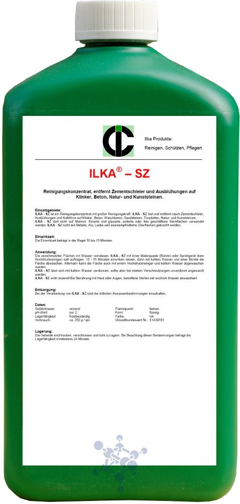 ILKA® - SZ Rimuovi residui cementizi - detergente concentrato | 10 litri | Detergente efficace contro l'annebbiamento del cemento, le efflorescenze e la ruggine | Detergente anticalcare per pietra naturale, pietra artificiale, calcestruzzo e clinker