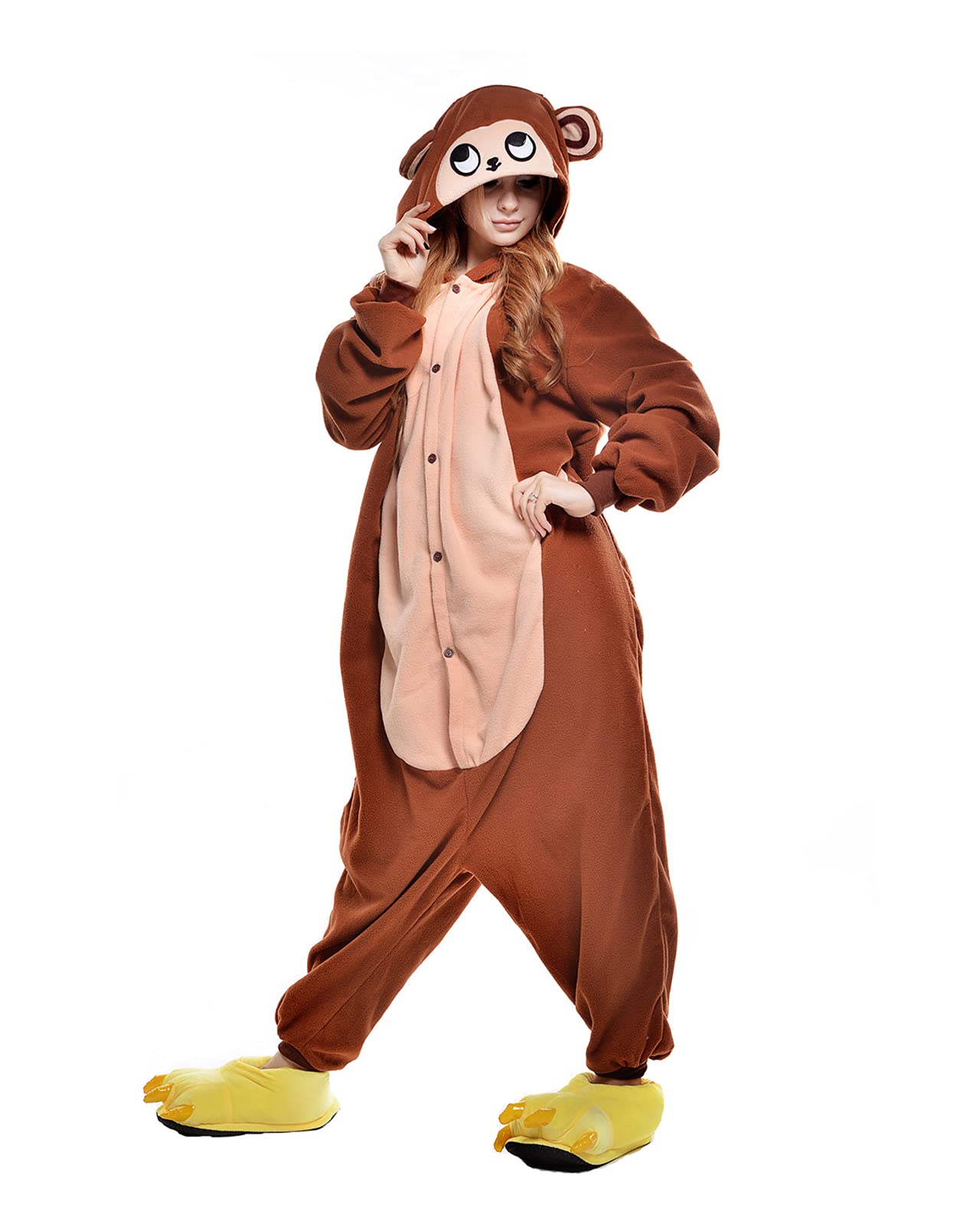 NEWCOSPLAY Animal Onesie Adult Pajamas Plush One Piece Cosplay Animal Costume Sleepwear - Brown Monkey Medium