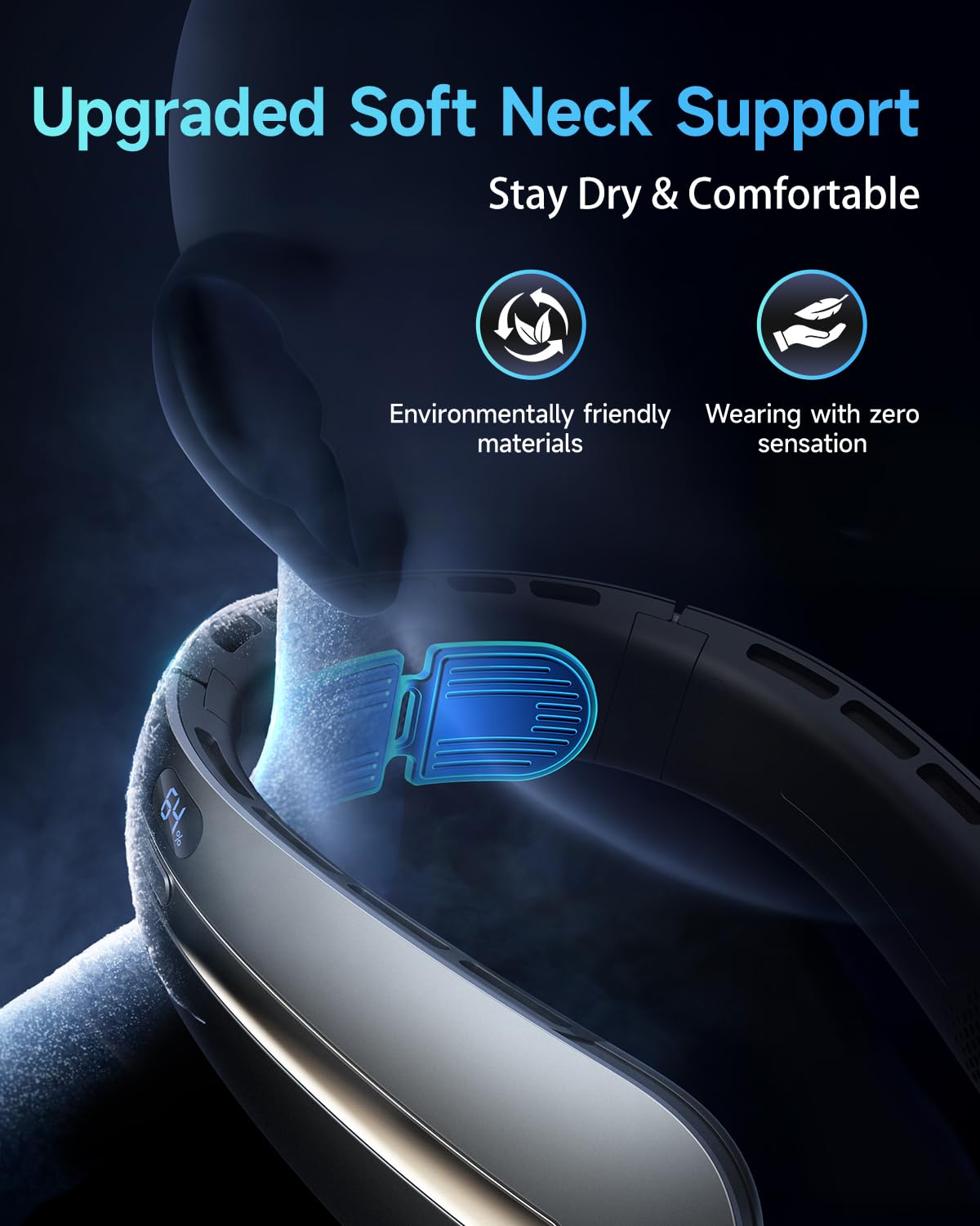 Ventilatore da collo, 3 ventole turbo portatili con supporto per il collo, 4 velocità e display LED, ventilatore personale ricaricabile da 5200 mAh, dispositivo di raffreddamento senza lama