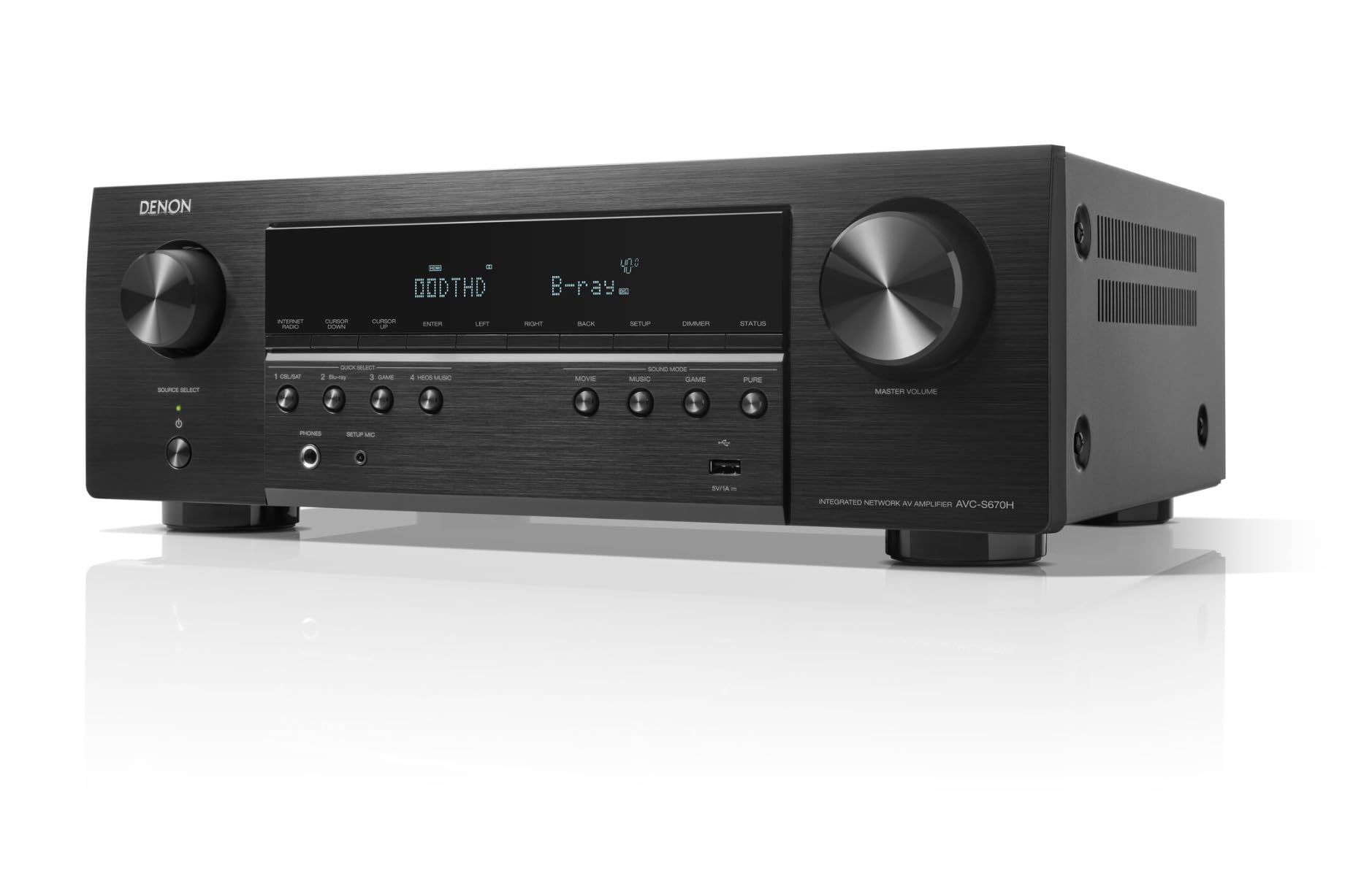Denon AVC-S670H Amplificateur AV Home Cinéma 5.2 Canaux, 140W, Son Surround Haute Définition, HDMI 8K, HEOS Built-in, Wi-FI, Bluetooth, AirPlay 2, Compatible Alexa - Noir