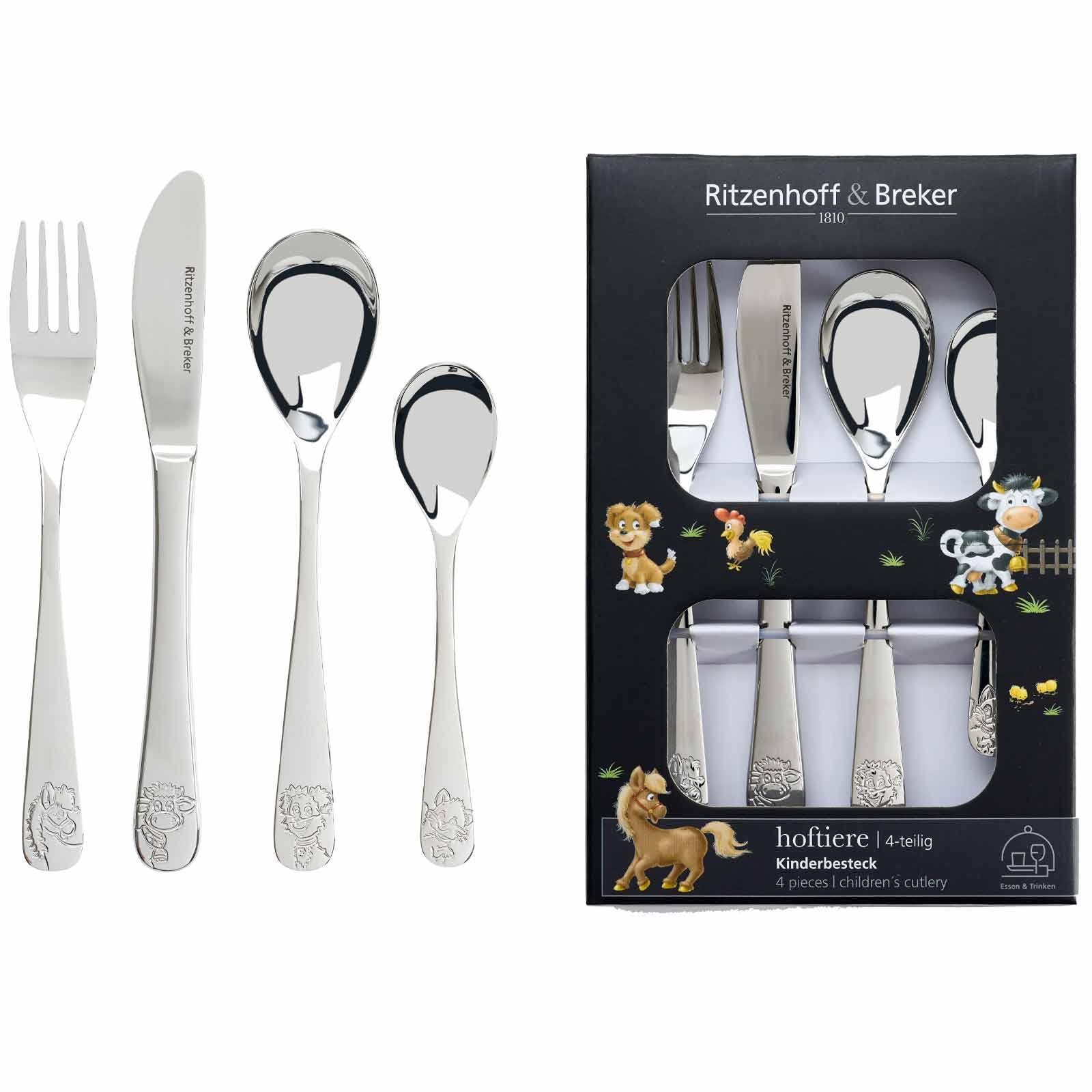 Ritzenhoff & Breker Kindergeschirr-Set Hoftiere 3-teilig mit Besteck | Teller, Schale, Becher, Gabel, Messer und 2 Löffel | Tiere vom Bauernhof | Porzellan, Edelstahl | Bunt