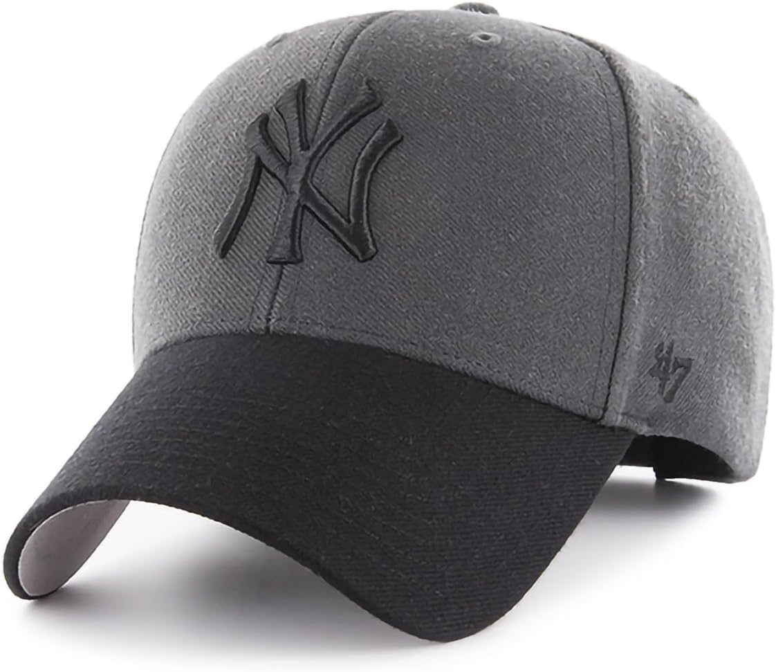 '47 New York Yankees Charcoal Black 2 Tone Logo Primary Logo MVP Adjustable Velcro Hat Cap, Adult One Size Fits All, Gray