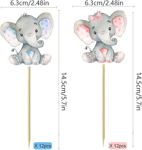 Miniatura 6 de 24 piezas de decoración para cupcakes de elefante rosa y azul, para decoración de fiesta de cumpleaños, baby shower, niños, niños o niñas,