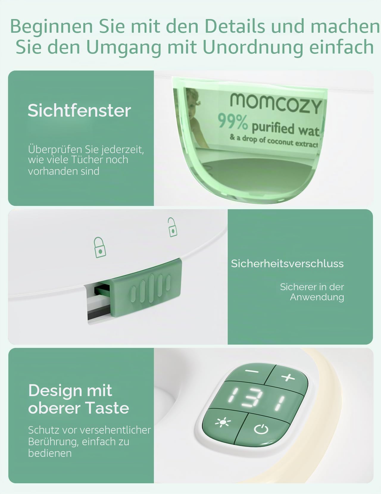Momcozy Feuchttücherwärmer, innovatives Frühlingsdesign, Feuchttücherspender mit großer Kapazität, schnelles und gleichmäßiges Erhitzen, 4 Modi der Temperaturheizung, Windeltücherwärmer mit Nachtlicht