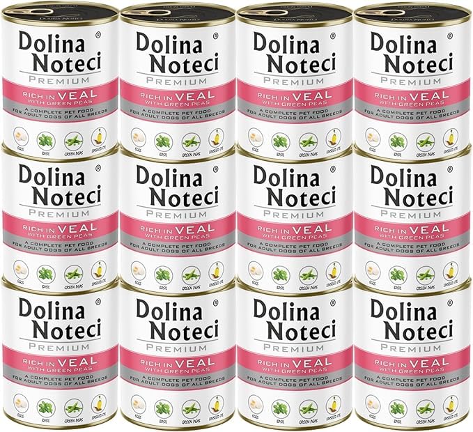 Dolina Noteci Premium – Gluten-Free Wet Dog Food 800g – High Meat Content – Natural Meal for Adult Dogs – No Artificial Additives – Omega 3 & 6 (Veal With Green Peas, 12x800g)