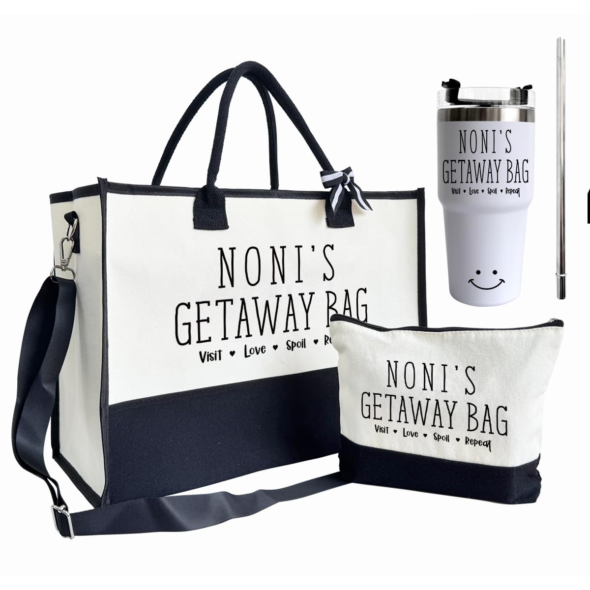 Canvas Tote Bag for Women, 20 oz Stainless Steel Water Cup, Noni's Getaway Bag, Shoulder Beach Bag, Travel Bag Gifts for Grandma, Canvas Tote Bag With