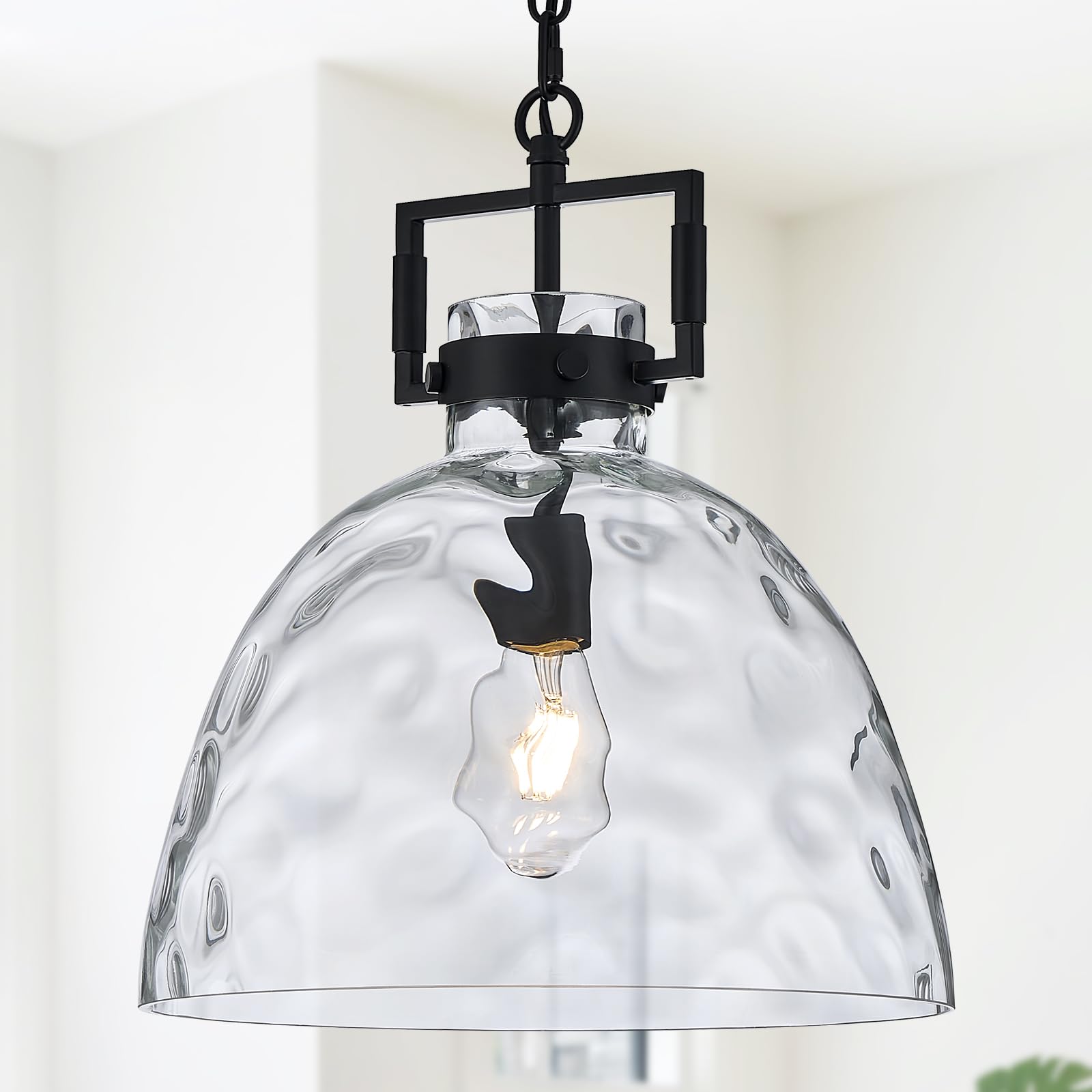 13.8" Black Glass Pendant Light, Hammered Clear Glass, E26 Hanging Light